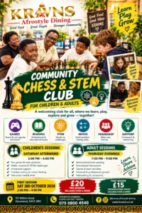 Hello Everyone!
We’re excited to share something new coming soon to KRAVNS!
Please see the attached flyer for our upcoming Community Games & STEM Club — an exciting space for children and adults to learn, play, connect and grow together.
We would love to welcome you, your children, family and friends to be part of this new KRAVNS community initiative.
Our first session is Saturday, 3rd October 2026, from 2pm–4pm.
It would be a real pleasure to see you all there! ❤️
Interested in joining? Please contact KRAVNS on 075 0800 4540 or 01474 557155.
Let’s Learn • Play • Grow together!